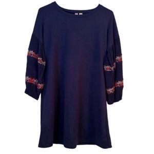 ALYA Navy Blue Embroidered 3/4 Sleeve Tunic Dress